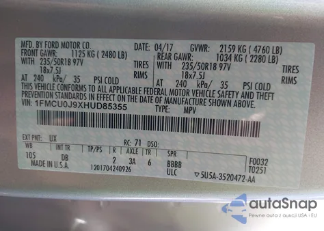 2017 Ford Escape Titanium from USA, damaged, VIN 1FMCU0J9XHUD85355